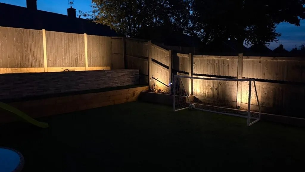 Garden fence lighting powered by an outdoor supply fitted by MP Electrical in Rotherham