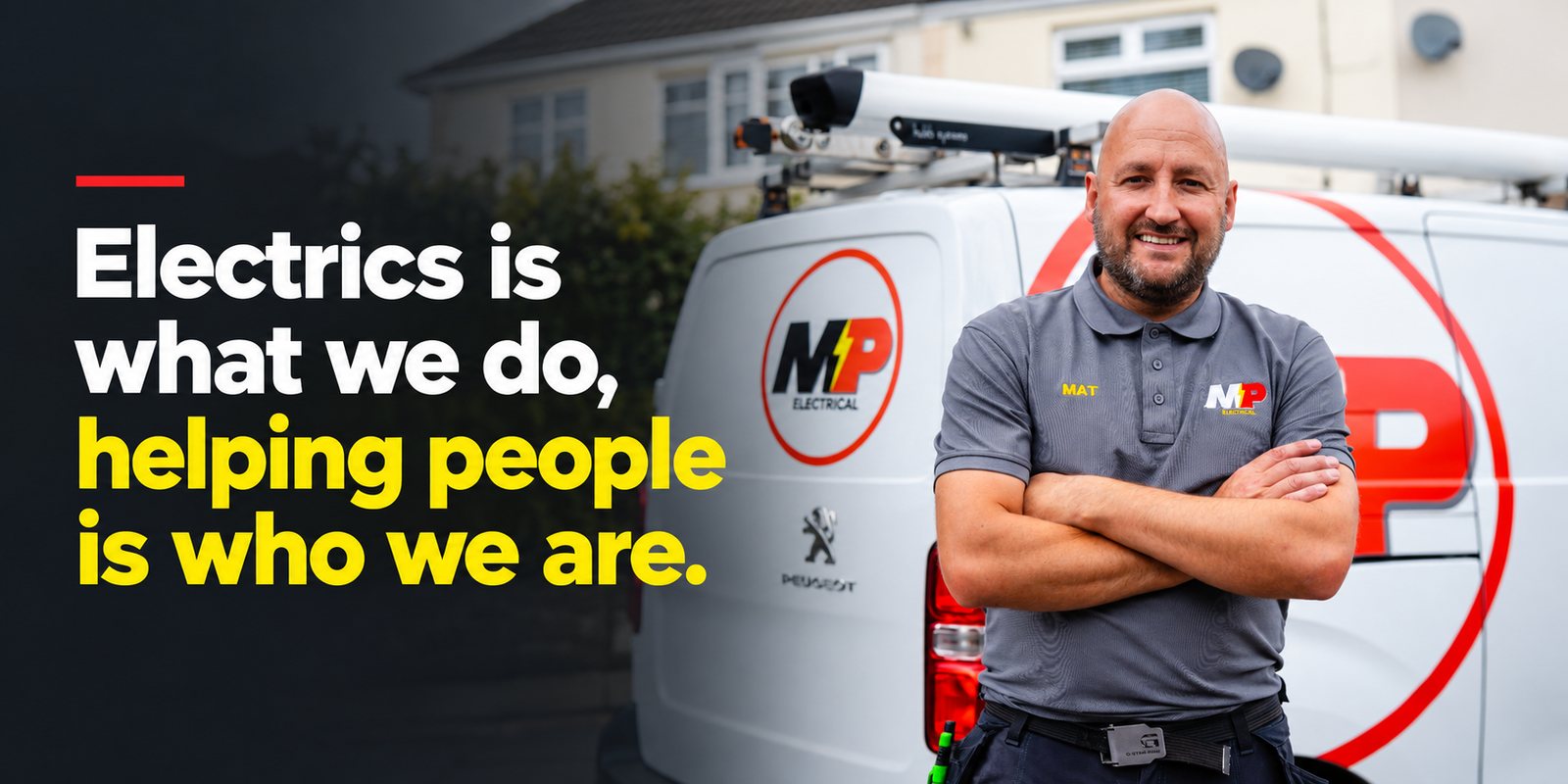 Mat from MP Electrical stood in front of a branded MP Electrical van in Rotherham