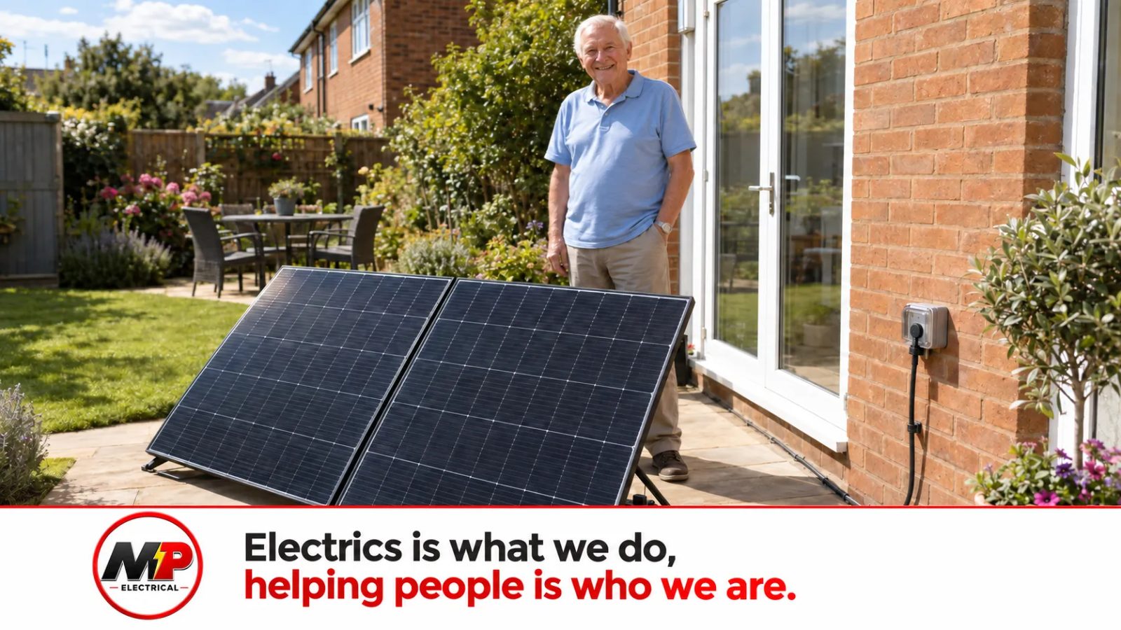Plug in solar panel in a Rotherham garden, cable running to a weatherproof outdoor socket