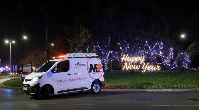 MP Electrical van on the Wickersley roundabout with the Christmas lights